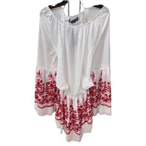 Highness Embroidered Floral Dress Red White Boho Peasant Bell Sleeve 2X NEW